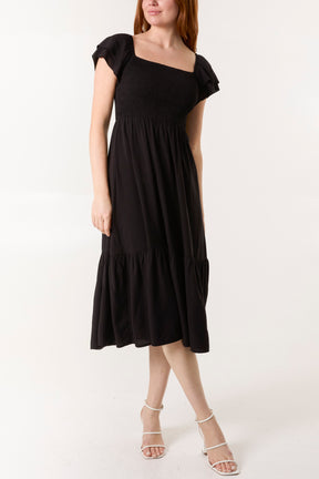 Plain Square Neck Shirred Dress