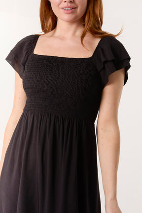 Plain Square Neck Shirred Dress