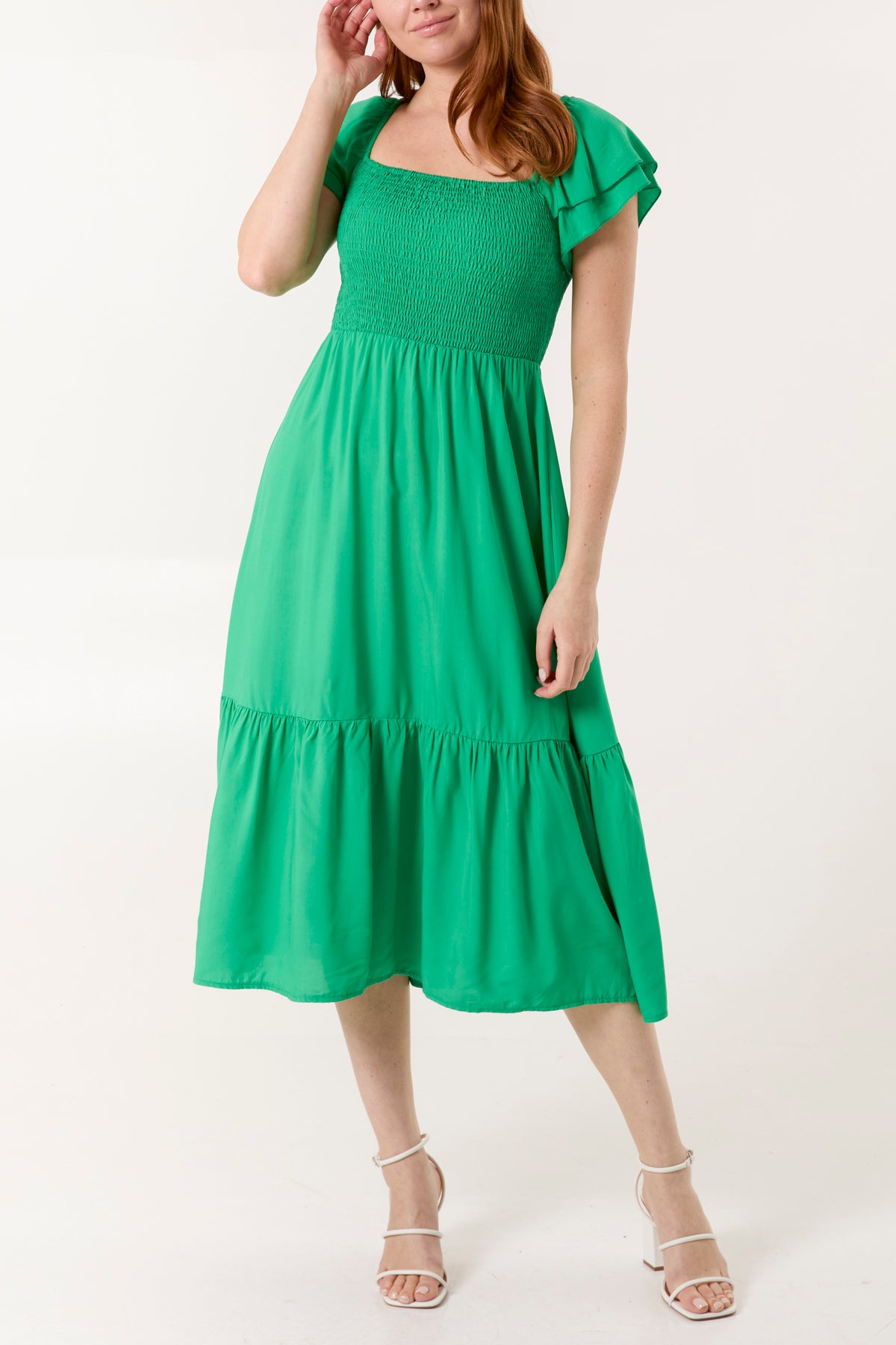 Plain Square Neck Shirred Dress