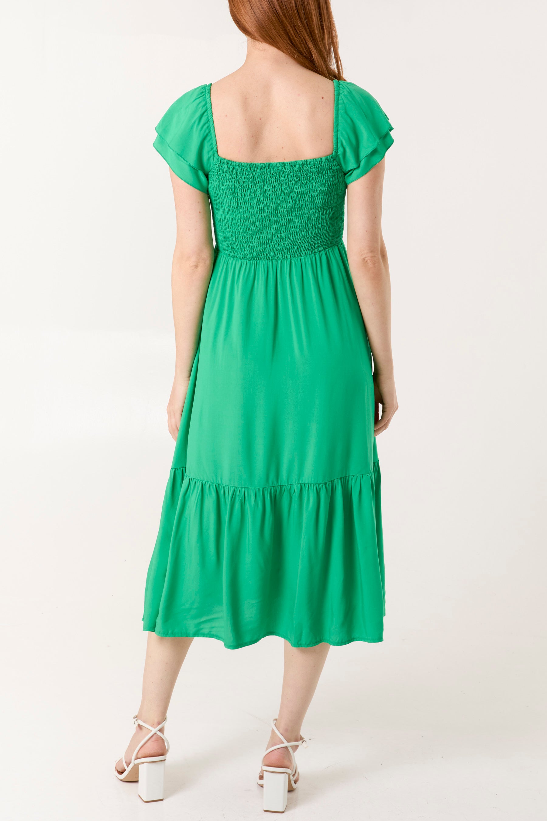 Plain Square Neck Shirred Dress