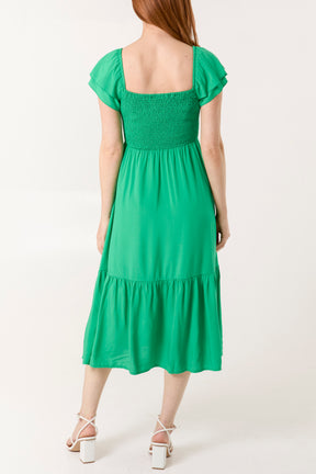 Plain Square Neck Shirred Dress