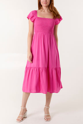 Plain Square Neck Shirred Dress