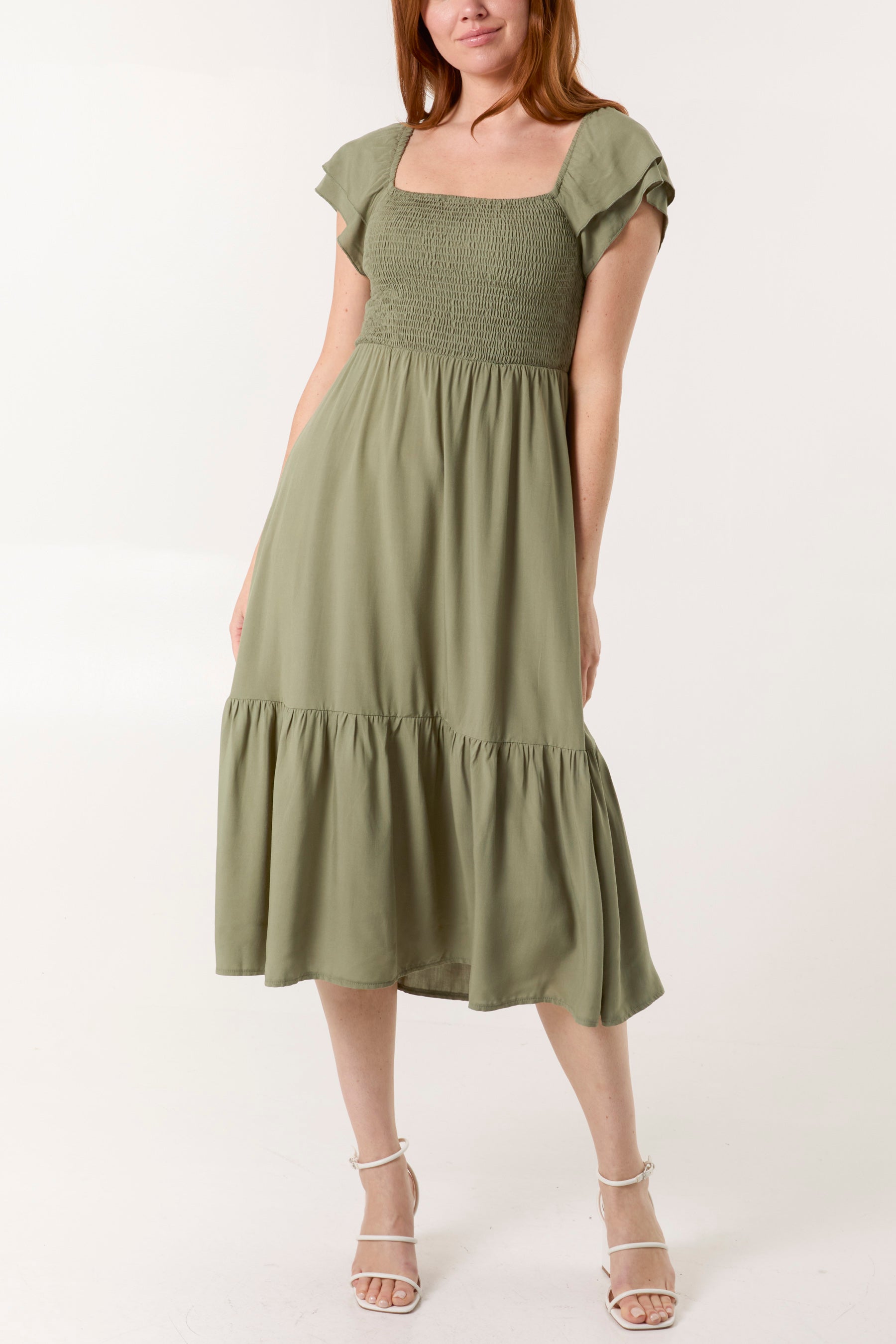 Plain Square Neck Shirred Dress