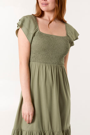 Plain Square Neck Shirred Dress