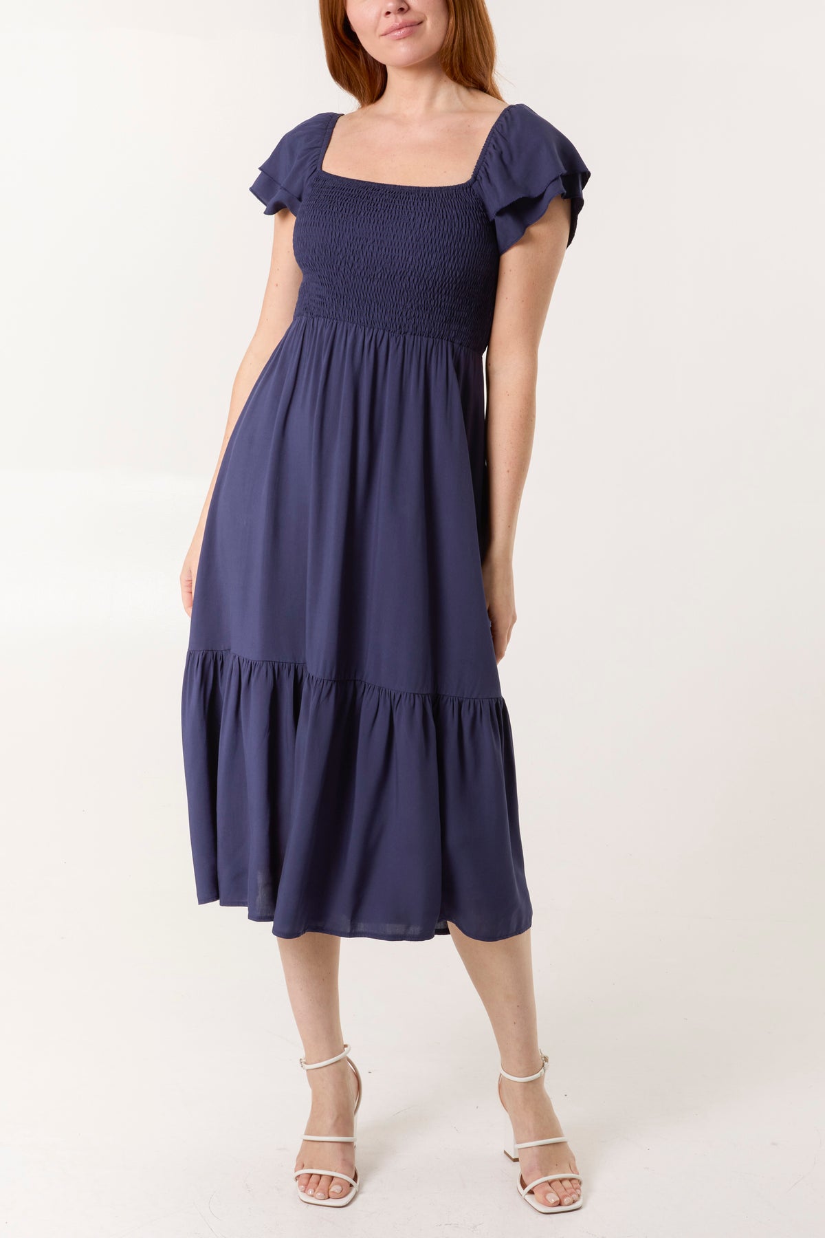 Plain Square Neck Shirred Dress