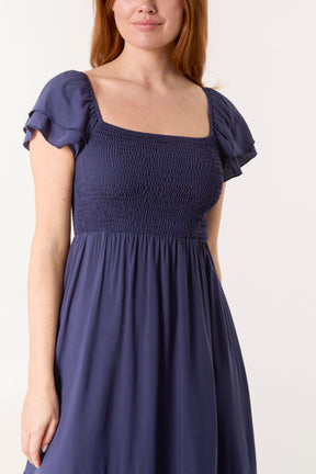 Plain Square Neck Shirred Dress