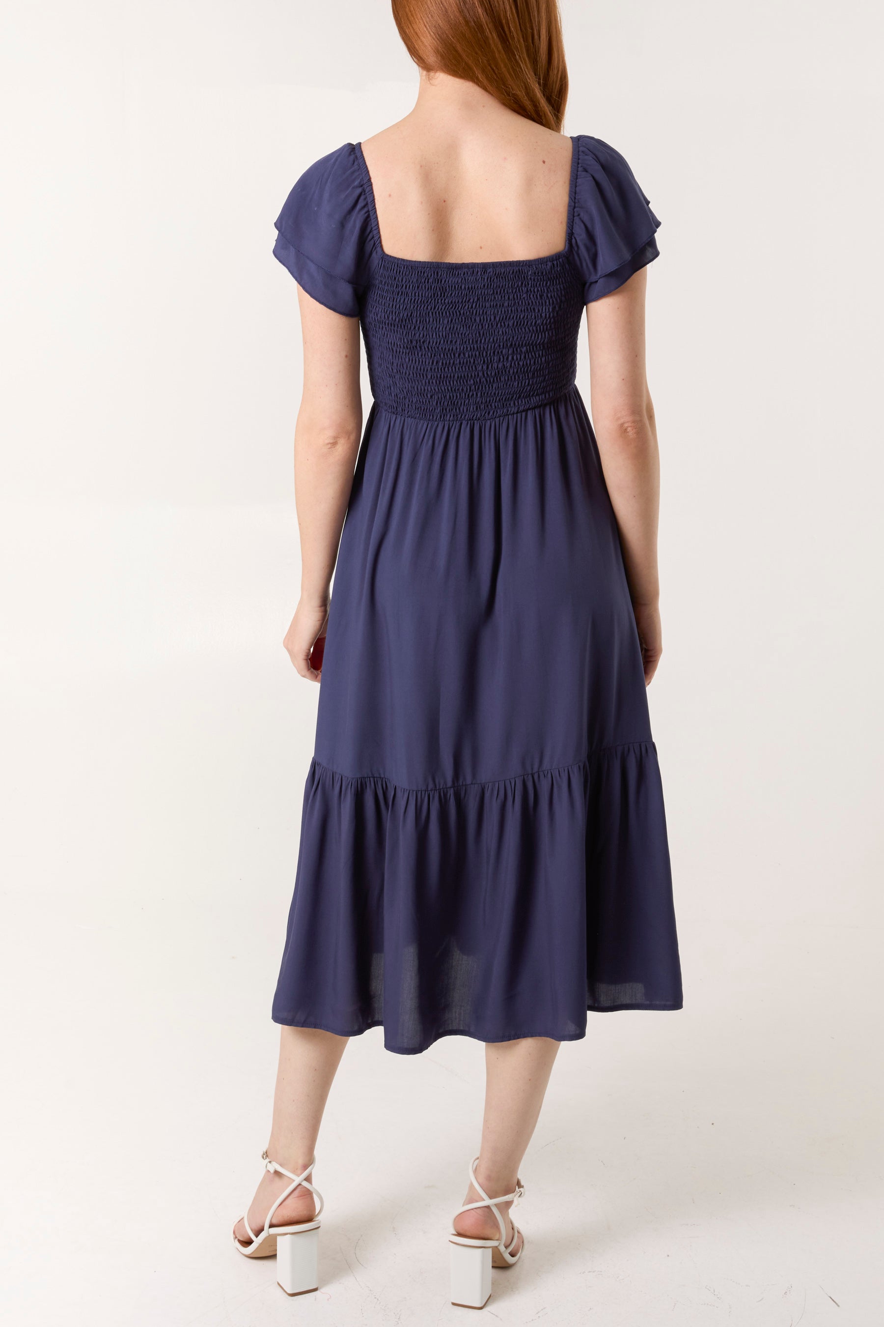 Plain Square Neck Shirred Dress