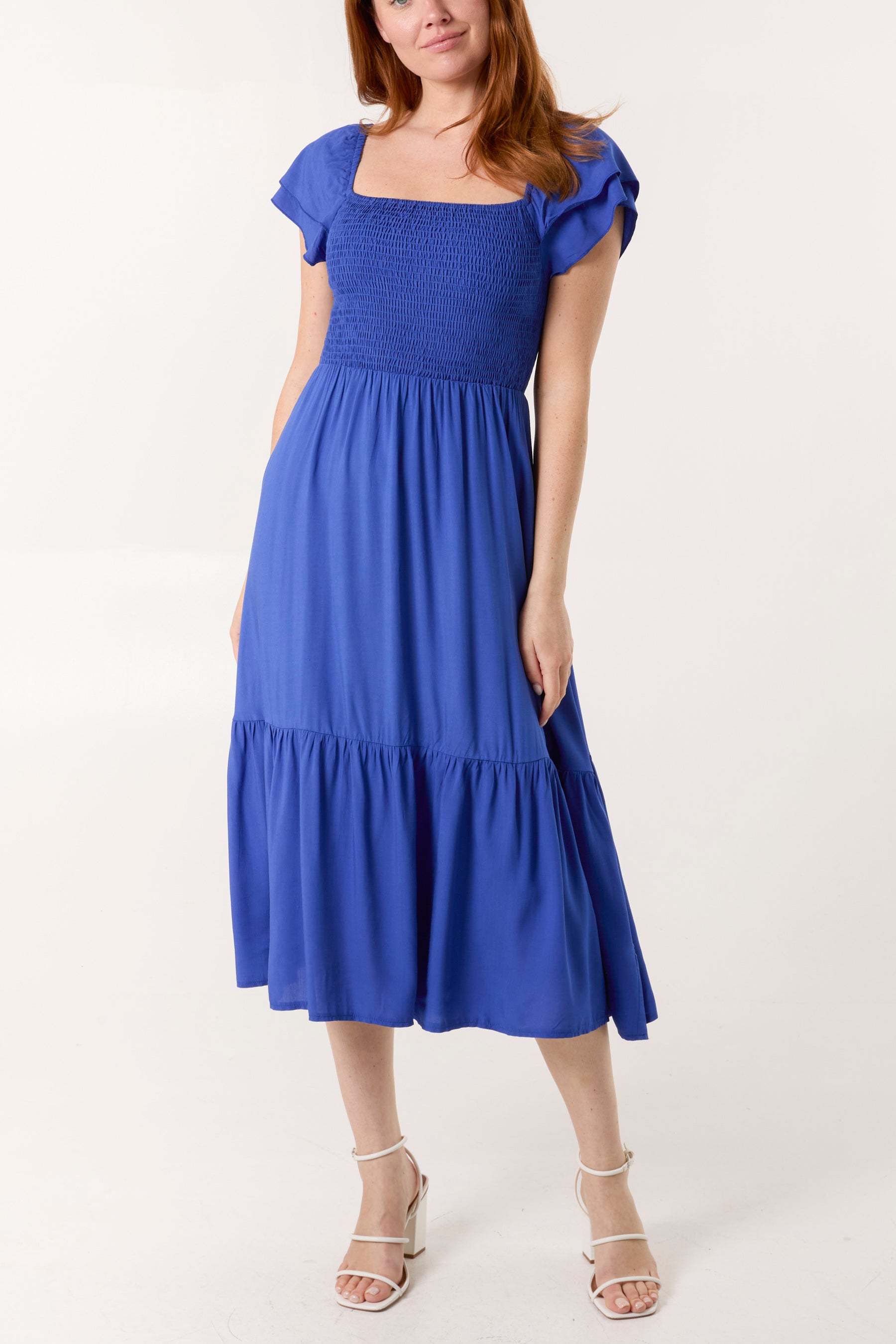 Plain Square Neck Shirred Dress