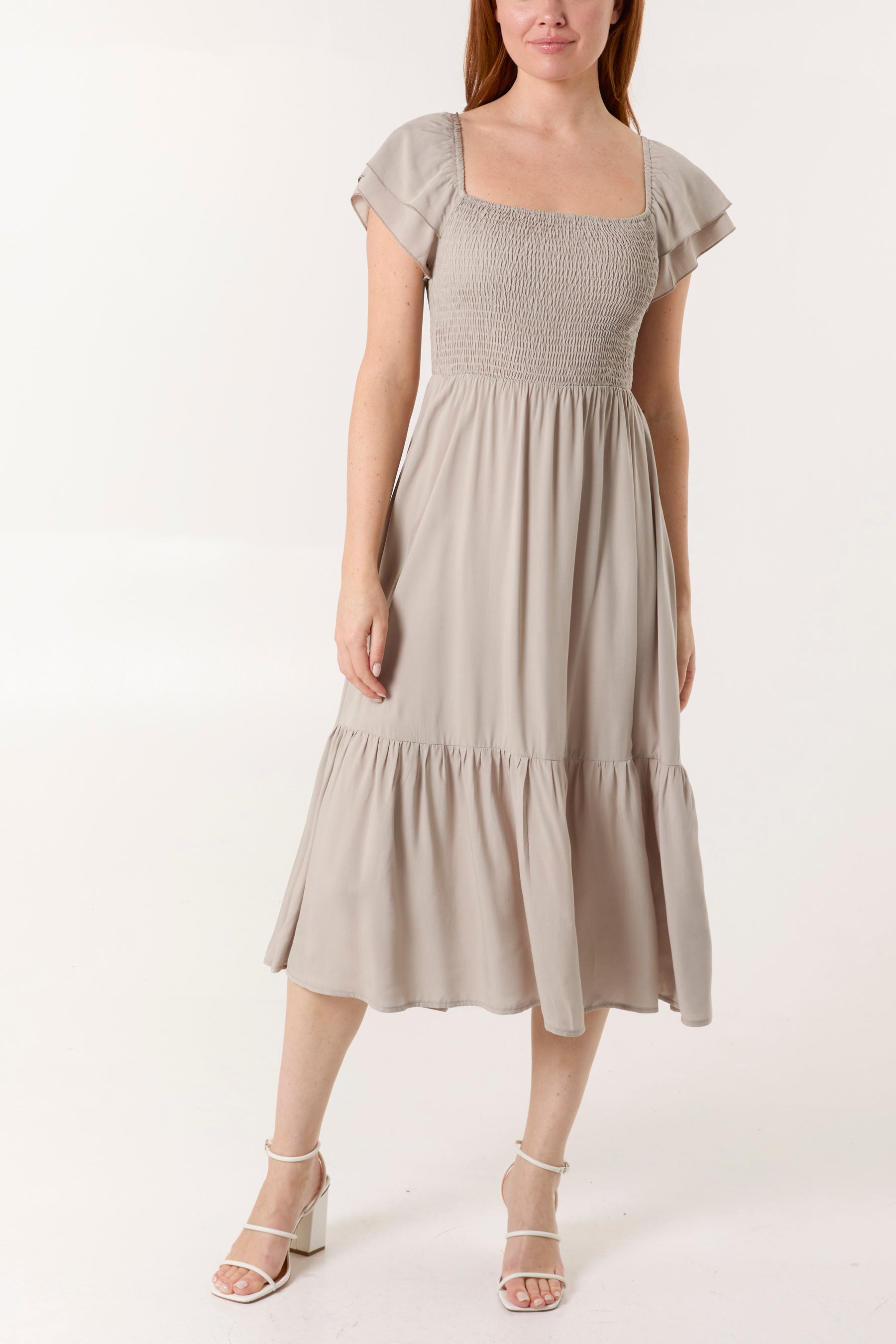 Plain Square Neck Shirred Dress