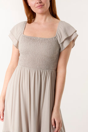 Plain Square Neck Shirred Dress