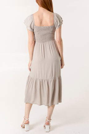 Plain Square Neck Shirred Dress