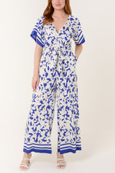 Tropical Floral Wide-Leg Wrap Jumpsuit