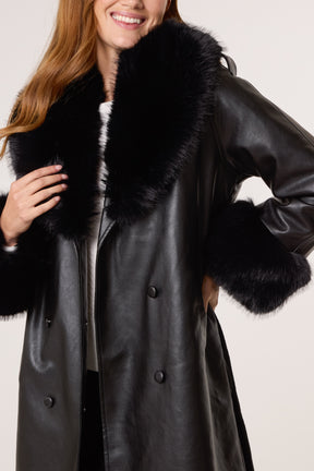 Faux Fur Cuff & Collar PU Coat