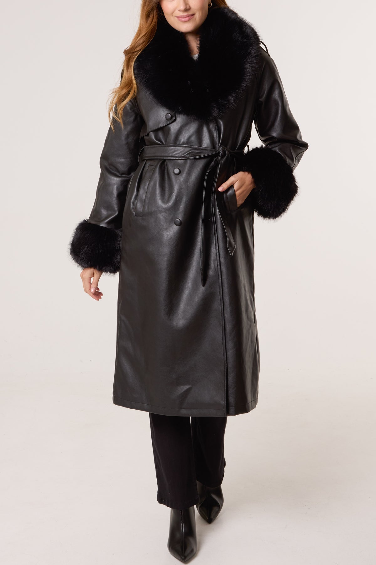 Faux Fur Cuff & Collar PU Coat