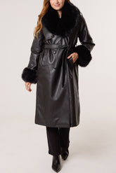 Faux Fur Cuff & Collar PU Coat
