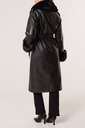 Faux Fur Cuff & Collar PU Coat