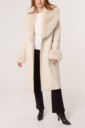 Faux Fur Collar Belted Coat