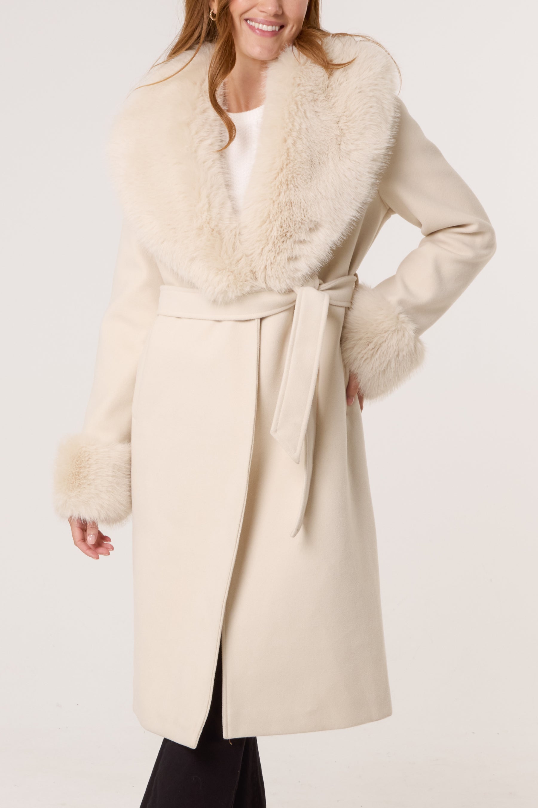 Faux Fur Collar Belted Coat