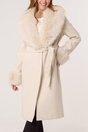 Faux Fur Collar Belted Coat