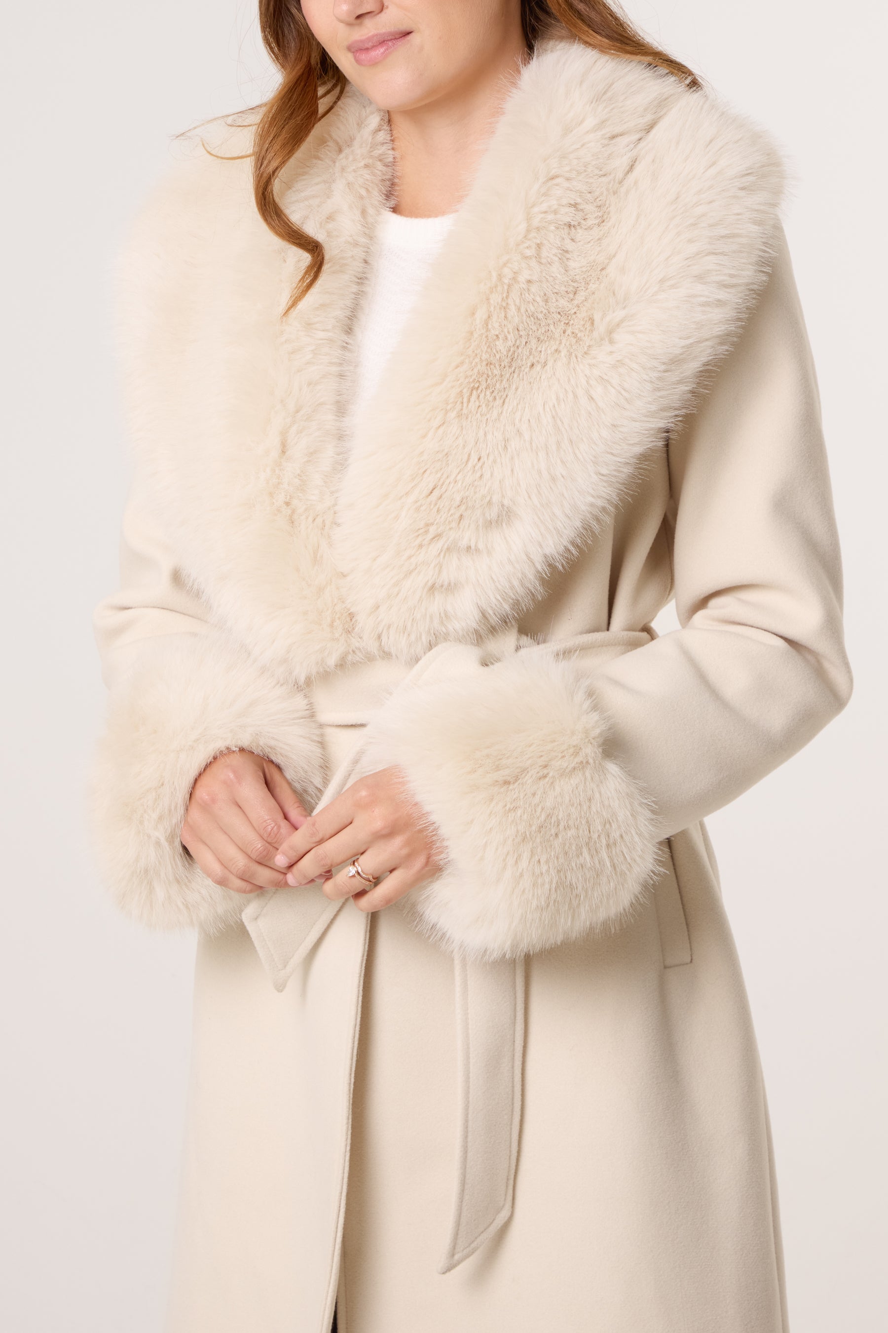 Faux Fur Collar Belted Coat