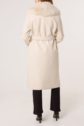 Faux Fur Collar Belted Coat