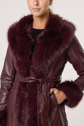Faux Fur Trim PU Leather Long Coat