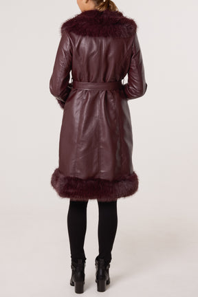 Faux Fur Trim PU Leather Long Coat