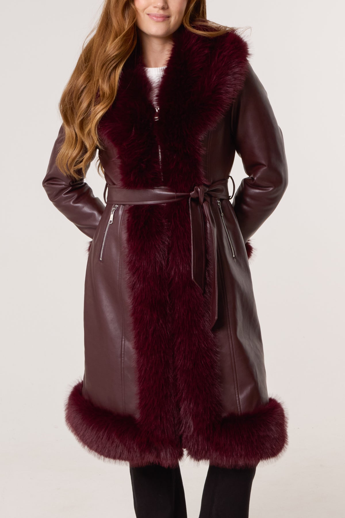 Faux Fur Trim PU Leather Long Coat