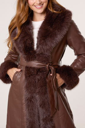 Faux Fur Trim PU Leather Long Coat