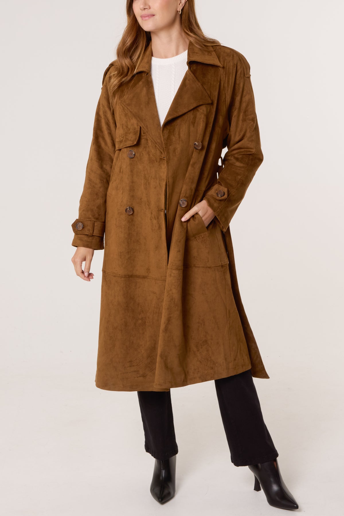 Faux Suede Belted Trench Coat
