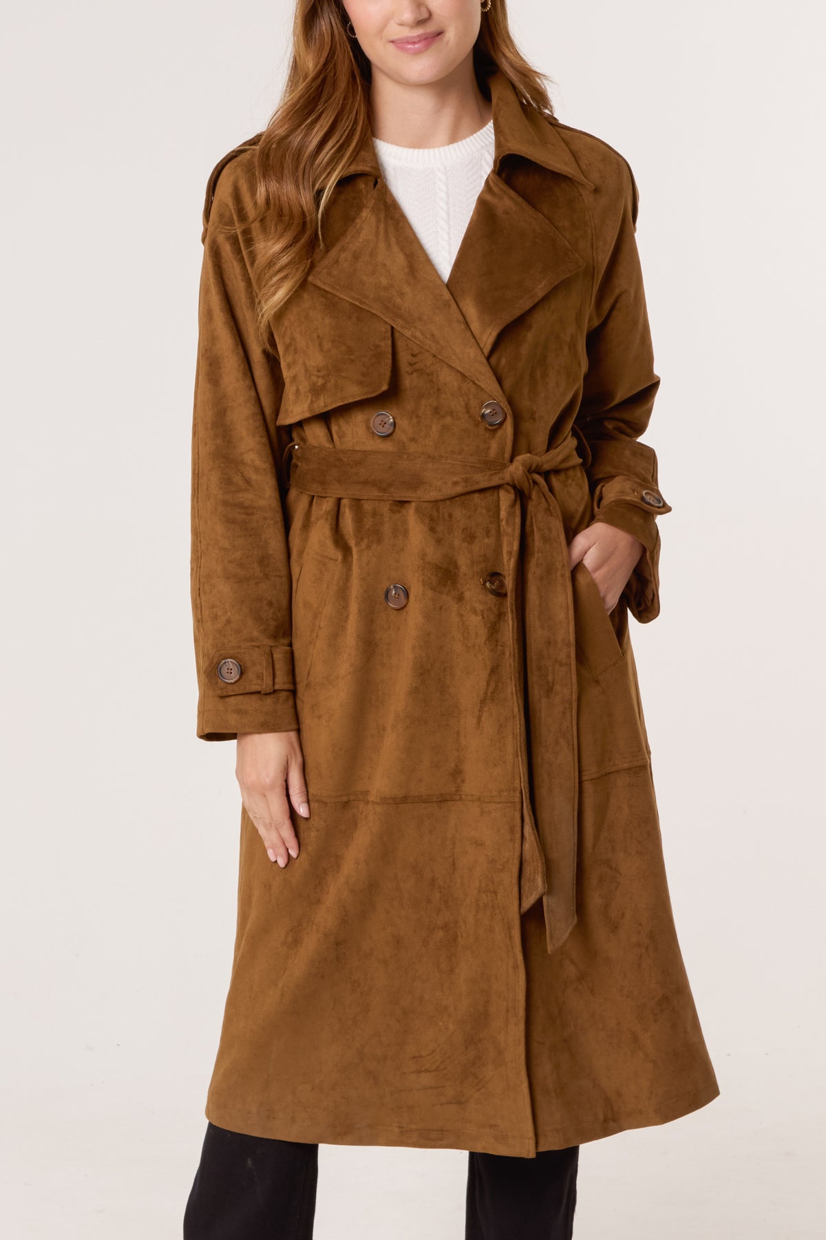 Faux Suede Belted Trench Coat
