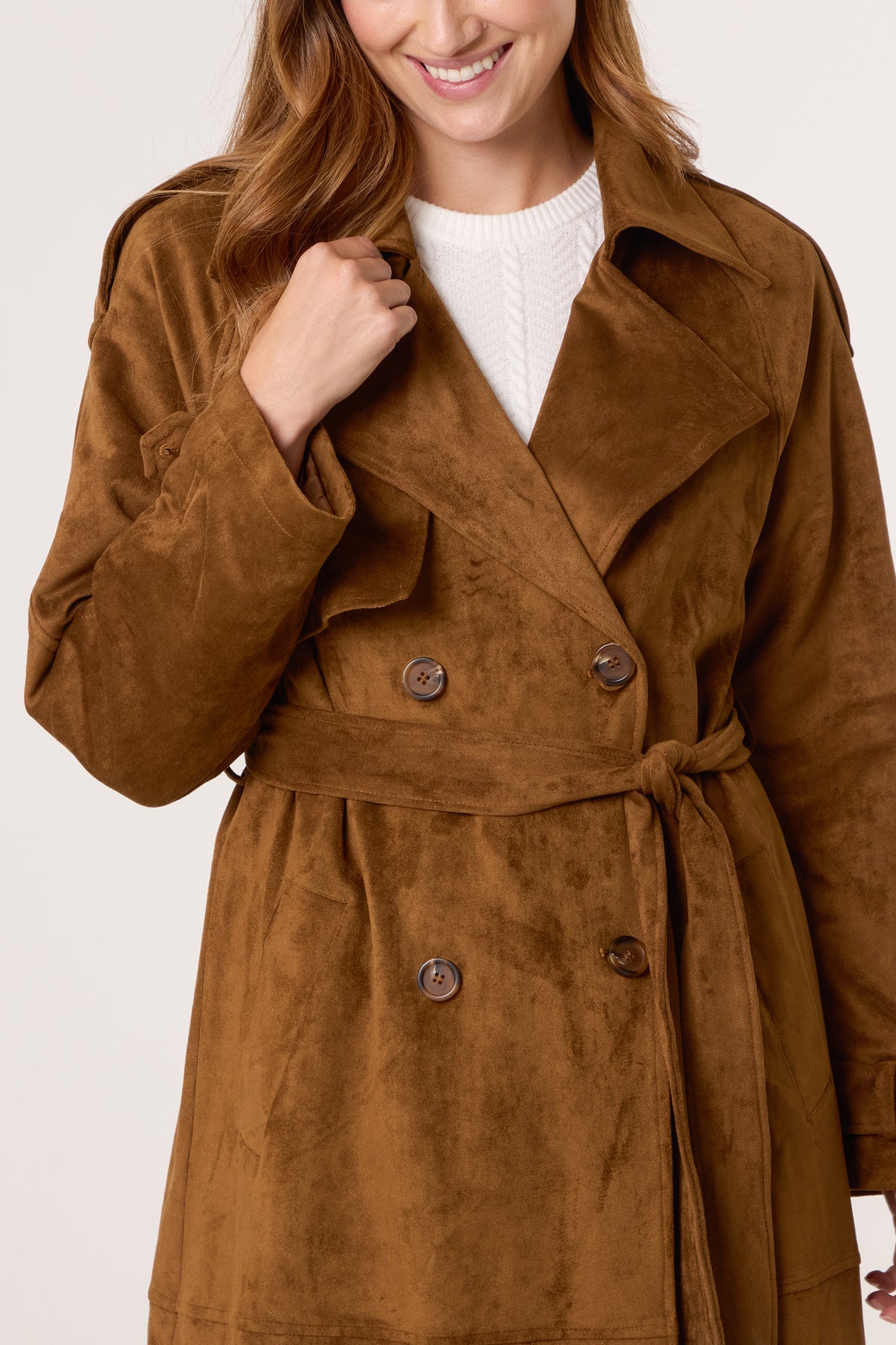 Faux Suede Belted Trench Coat