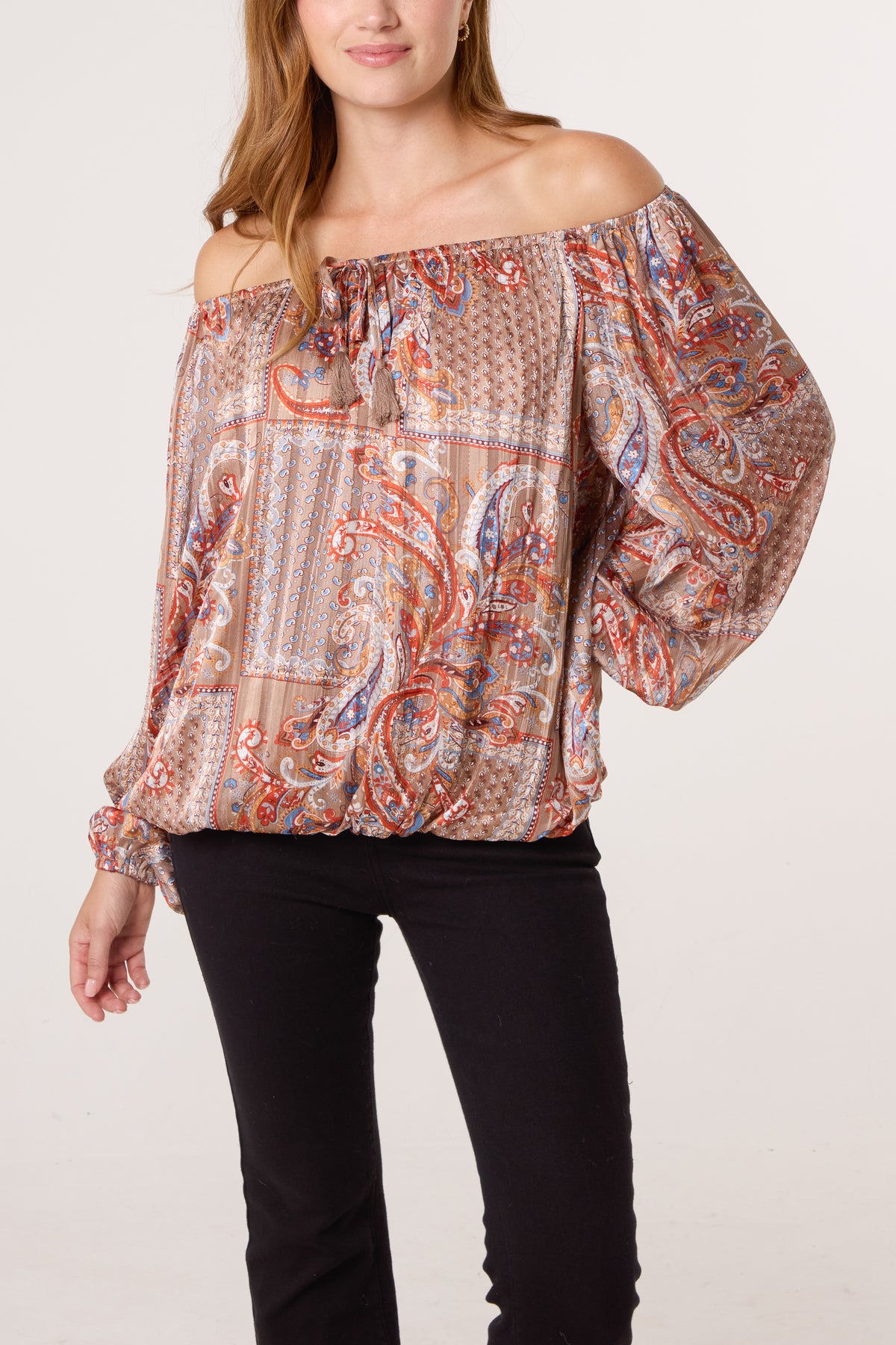 Paisley Print Bardot Puffball Blouse