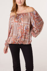 Paisley Print Bardot Puffball Blouse