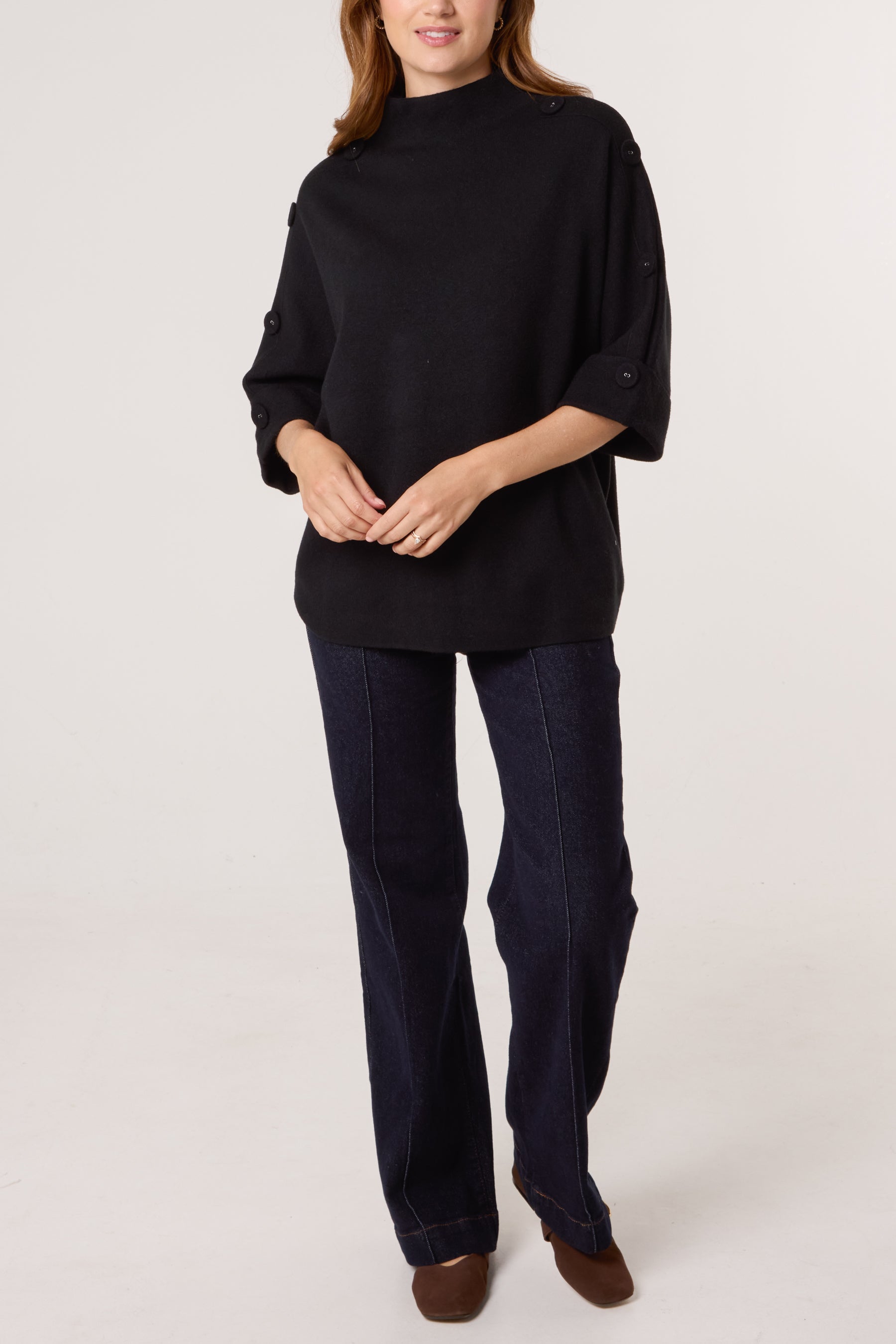 High Neck Fabric Button Sleeves Jumper
