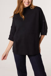 High Neck Fabric Button Sleeves Jumper