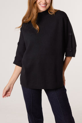 High Neck Fabric Button Sleeves Jumper