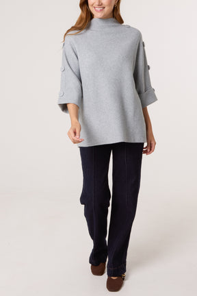 High Neck Fabric Button Sleeves Jumper