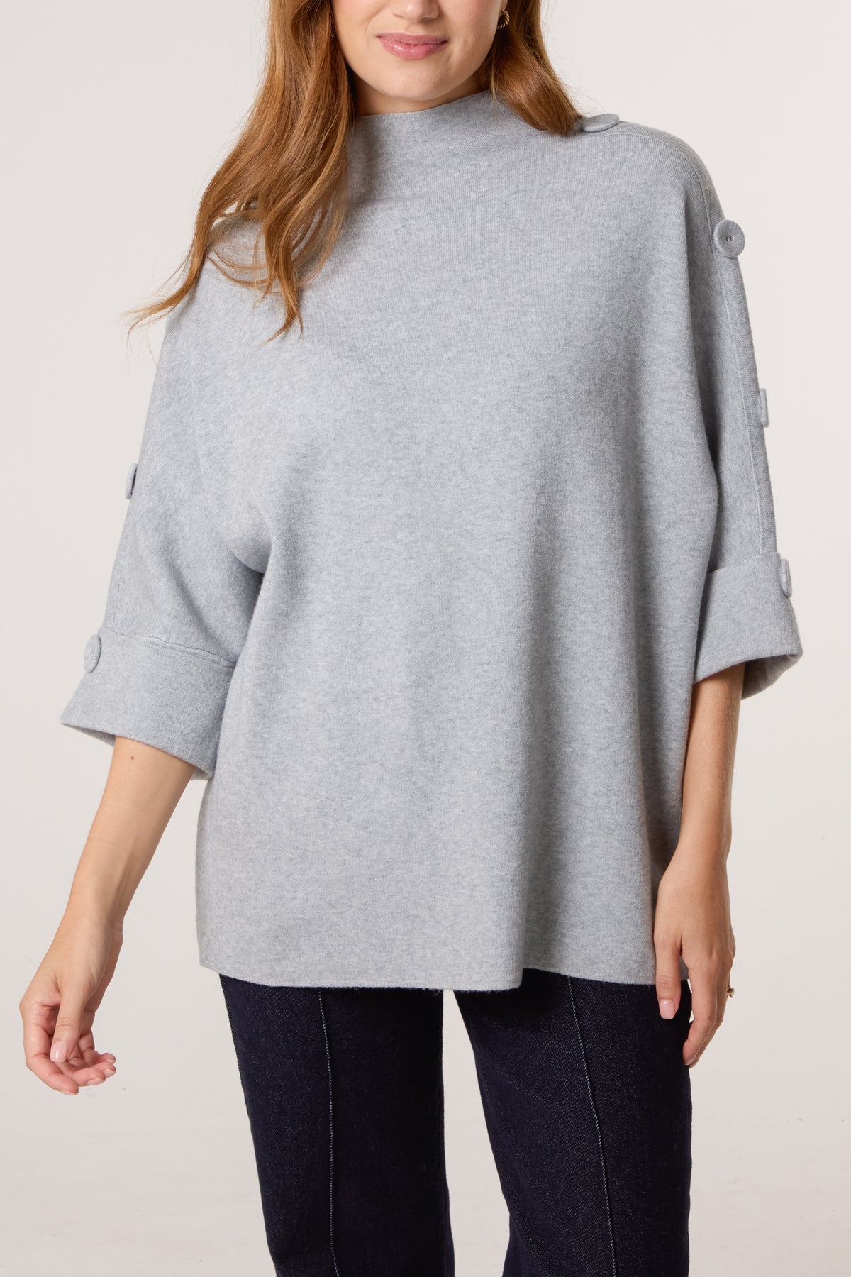 High Neck Fabric Button Sleeves Jumper