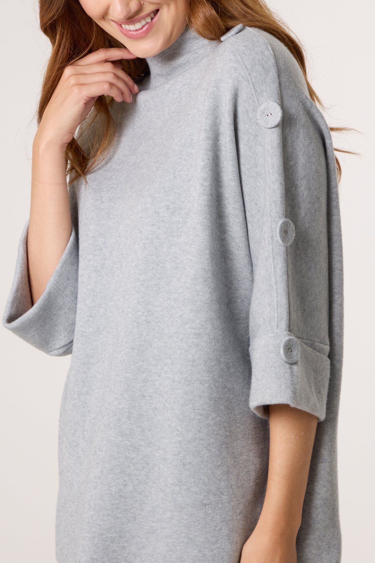 High Neck Fabric Button Sleeves Jumper