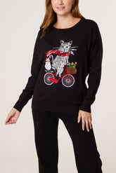 Sequin Cat On A Bike Christmas Jumper