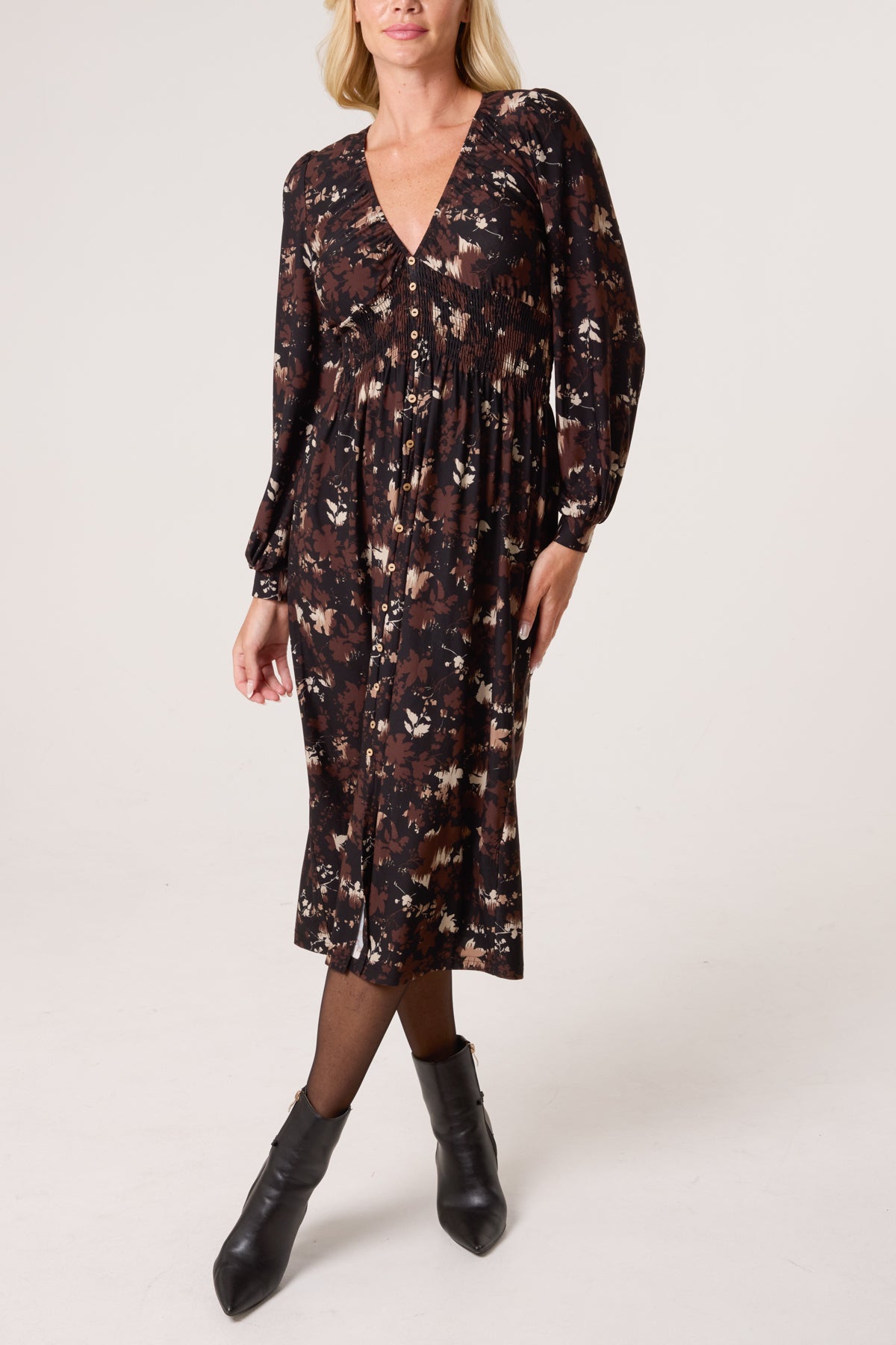 Autumnal Leaf Print Button Front Stretch Dress