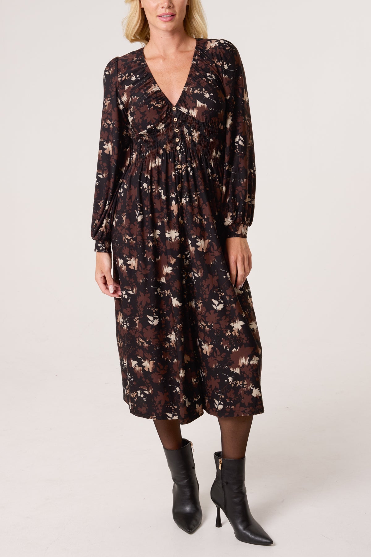 Autumnal Leaf Print Button Front Stretch Dress
