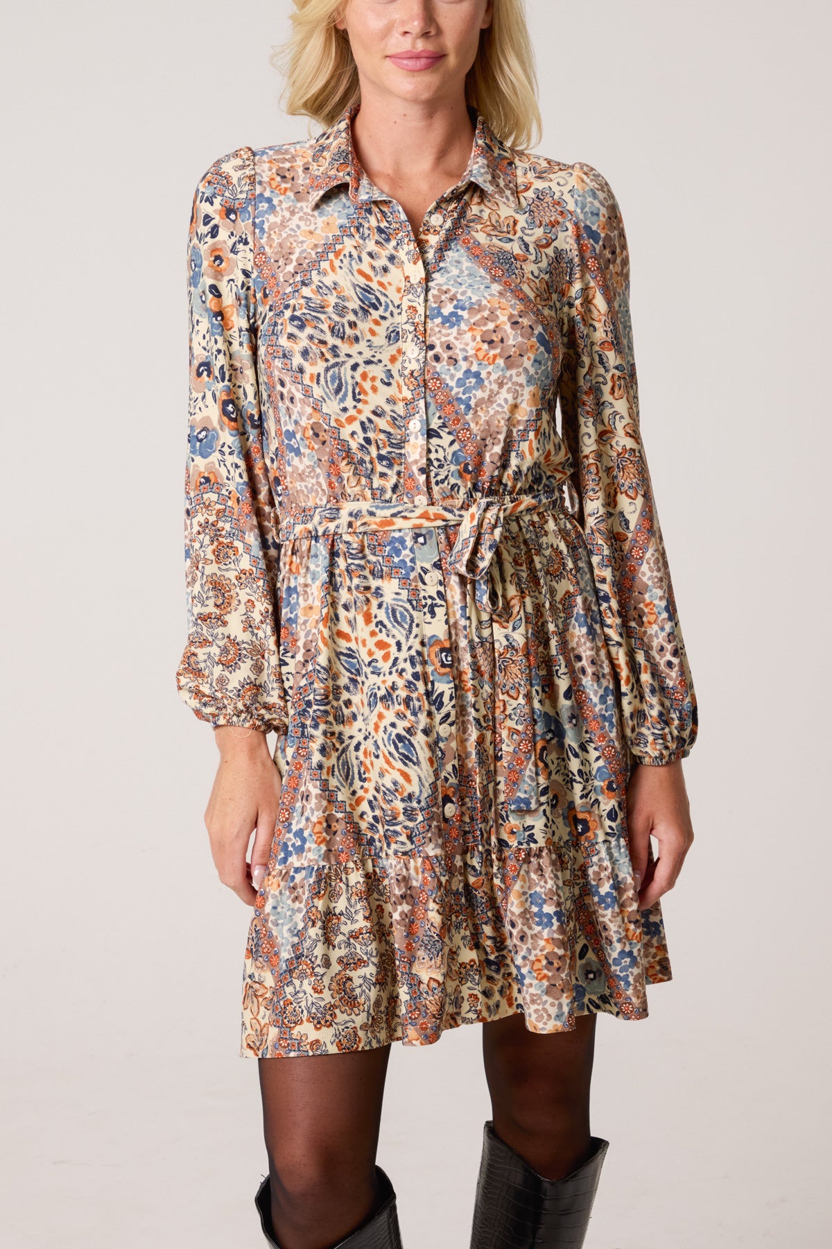 Mix Print Belted Mini Shirt Dress
