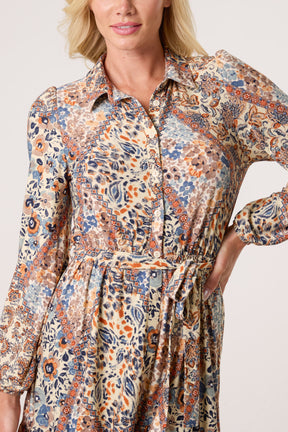 Mix Print Belted Mini Shirt Dress