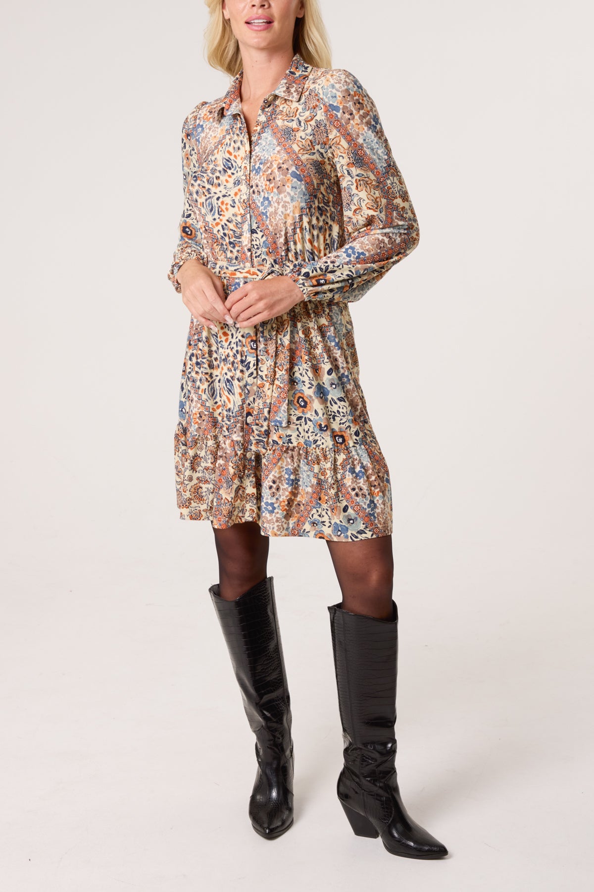 Mix Print Belted Mini Shirt Dress