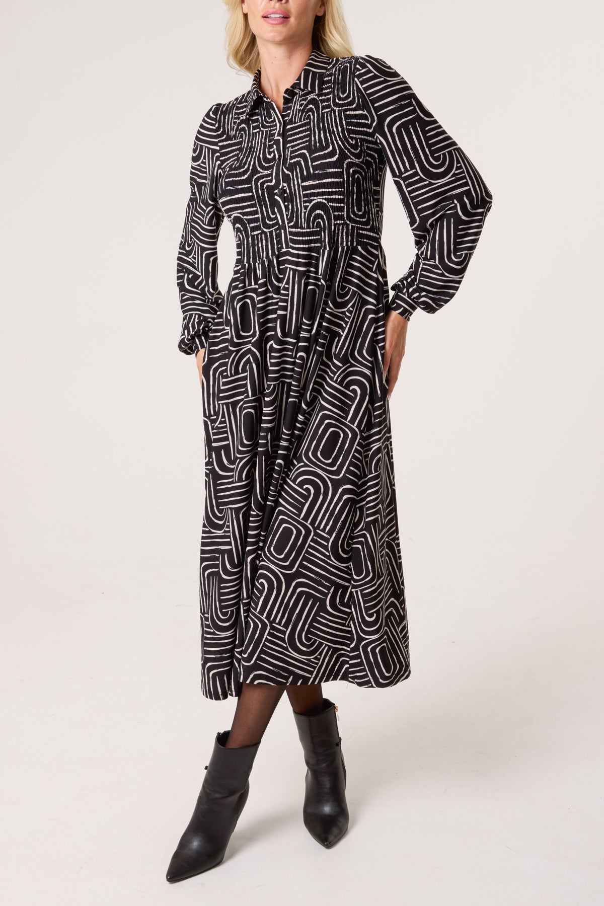 Geo Swirl Shirred Button Stretch Dress