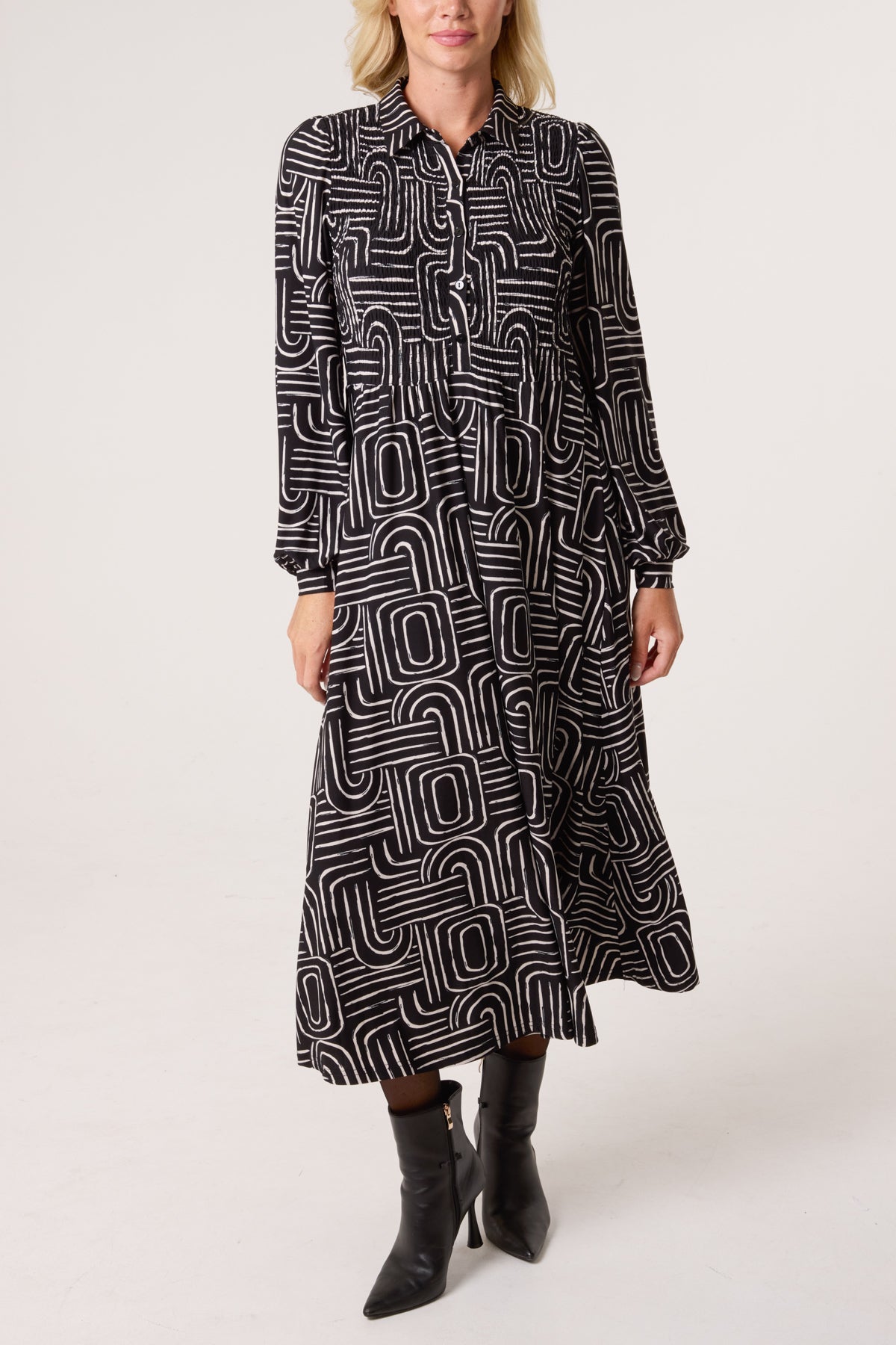 Geo Swirl Shirred Button Stretch Dress