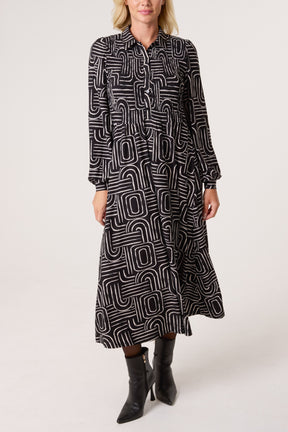 Geo Swirl Shirred Button Stretch Dress