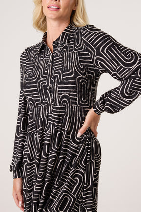 Geo Swirl Shirred Button Stretch Dress